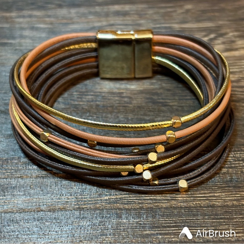 Multi-Stranded Leather Cord Bracelet with Gold Plating